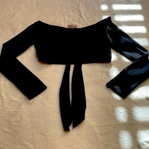 Jet Black Fabric and Mesh Off The Shoulder Tie Front Crop Top, size S